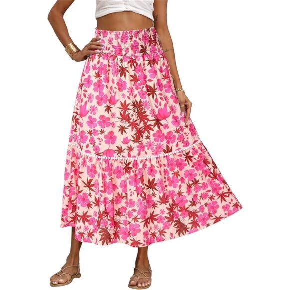 Women Floral Long Skirts Casual Elastic High Waist Pleated Swing A Line Boho - Picture 7 of 7